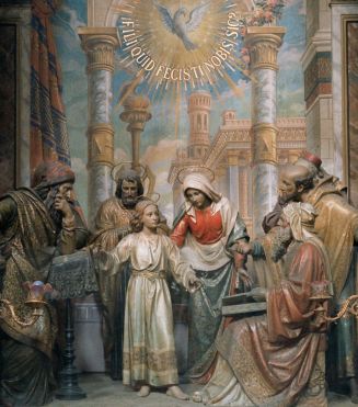 la Virgen con el Niño Jesús, discutiendo en el templo con los Doctores de la Ley