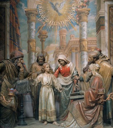 la Virgen con el Niño Jesús, discutiendo en el templo con los Doctores de la Ley